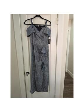 Alexa B Blue Silver Glitter Ruffle Evening Dress V-Neck Cold Shoulder Size 8